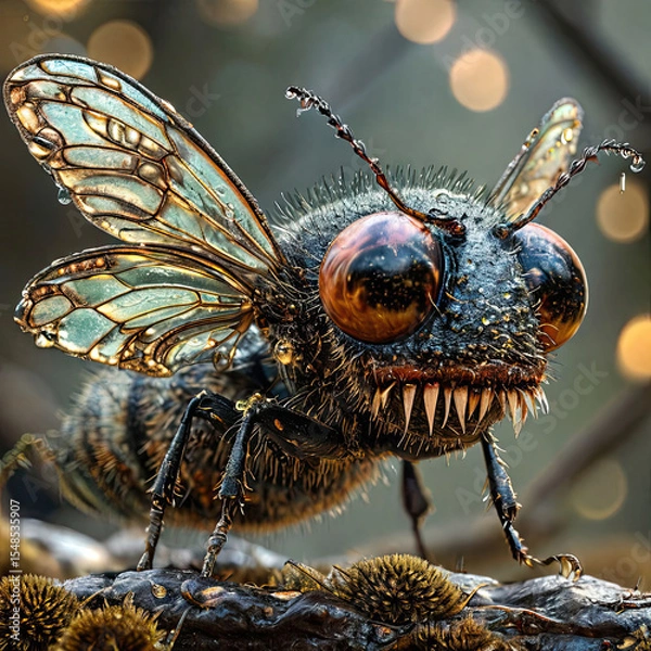 Fototapeta An angry, aggressive, fantastic insect with big eyes. Bokeh on the background.