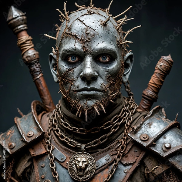 Fototapeta The hero of the gameshooter. An undead warrior in combat gear and with a weapon. Portrait of a monster.