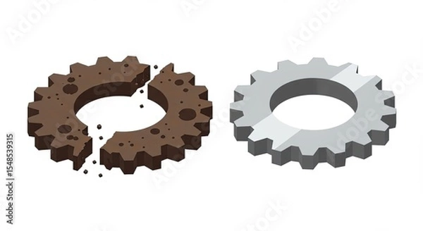 Fototapeta Illustration of two gears, one broken and rusty, the other new and clean
