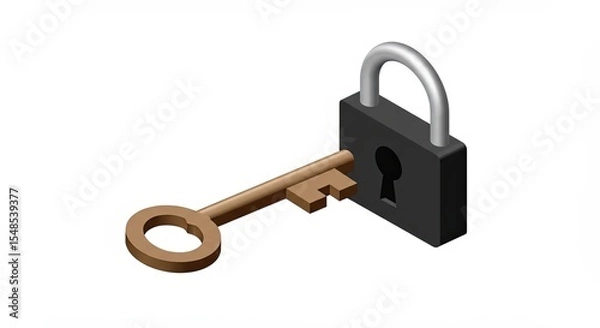 Fototapeta Isometric illustration of a key being inserted into a black padlock on white