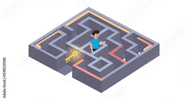 Fototapeta Isometric illustration of a confused man in a maze seeking a golden key