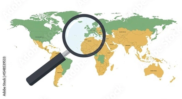 Fototapeta Magnifying glass over a world map highlighting regions and countries visually