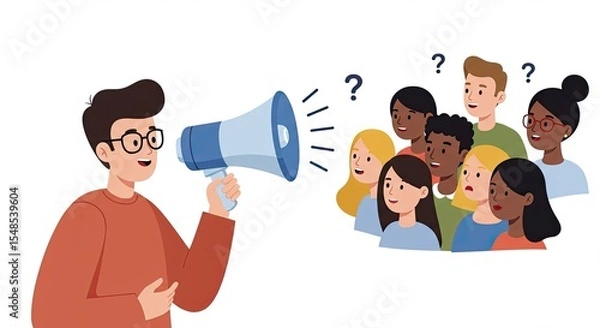 Fototapeta Man with megaphone announcing to a diverse group of people, illustration