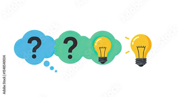 Fototapeta Cartoon illustration of question marks transforming into a bright light bulb idea concept