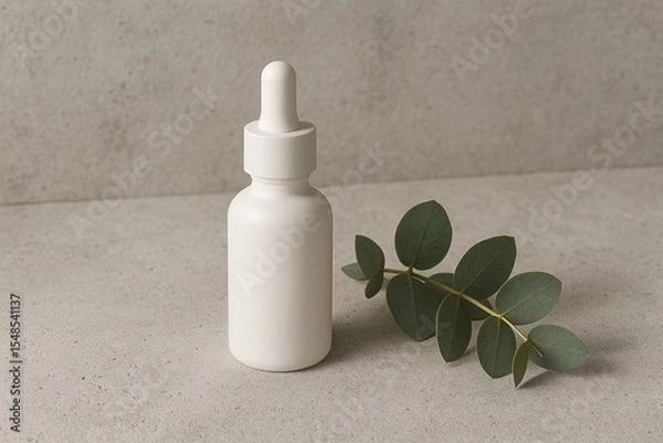 Obraz A minimalist composition of a white dropper bottle next to a fresh green eucalyptus branch