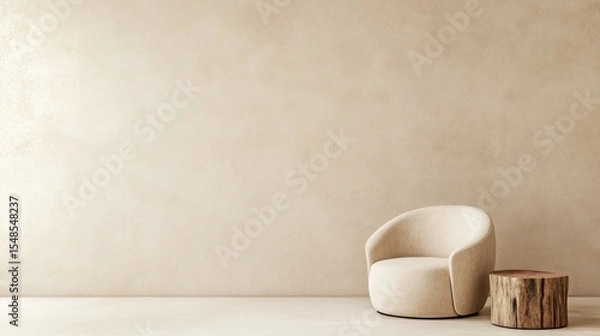 Fototapeta Beige armchair and side table in empty room