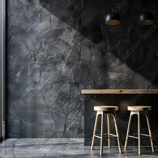 Fototapeta Minimalist Slate Wall and Hickory Counter Tables in Ultra Photography