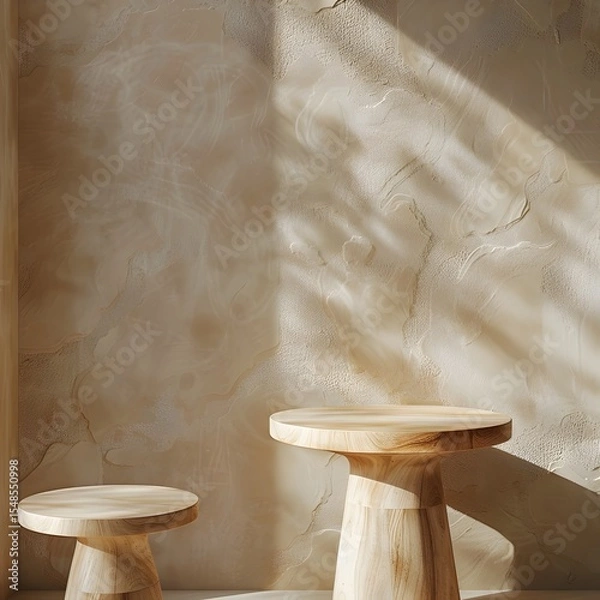 Fototapeta Minimalist Eggshell Wall Adorned with Sleek Maple Counter Tables in Close-Up