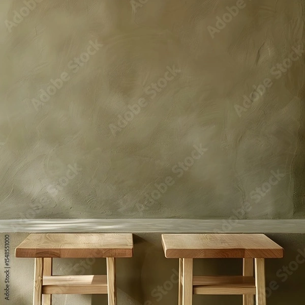 Fototapeta Minimalist Architectural Design: Olive Wall with Light Oak Counter Tables in