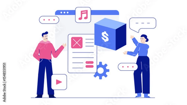 Fototapeta Illustration of two people discussing digital media monetization. Perfect for marketing materials, presentations, and website illustrations related to media content.