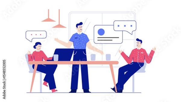 Fototapeta Three coworkers brainstorming and discussing ideas at a modern office table. Suitable for teamwork, business meetings, collaboration concepts in presentations.