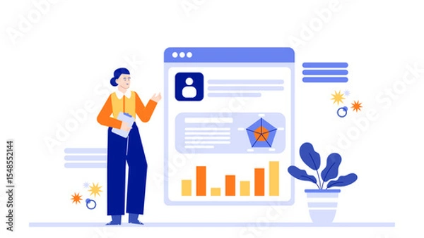 Fototapeta Woman showcasing data, graphs, charts, and profile information on a webpage. Suitable for business presentations, digital marketing materials, and web design projects.