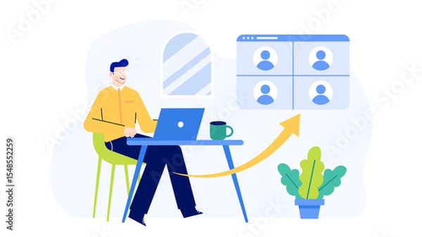 Fototapeta Man video conferencing on his laptop at his desk, suitable for remote work, online meetings, telecommuting, virtual communication, and technology concepts.
