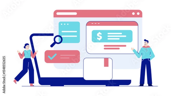 Fototapeta Suitable for business, finance, technology websites or blogs. Illustrates teamwork, collaboration, online finance tools, financial management, digital transactions, budgeting.