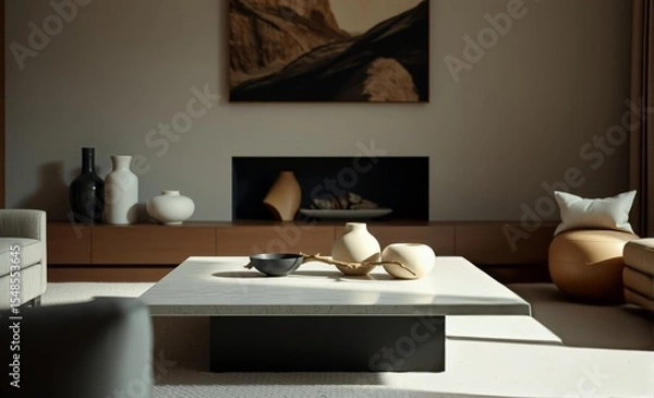 Fototapeta A sleek travertine coffee table its natural surface adorned with organic elements exuded a sophisticated aura against a neutral backdrop Sculptural ceramic pieces and a reflective metal accent added a