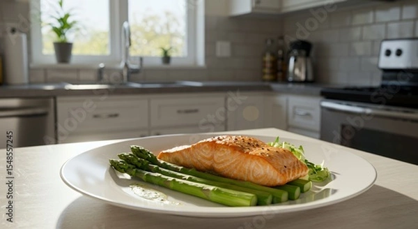 Fototapeta Sunlit Kitchen Counter Showcases a Delicious Plate of Pan-Seared Salmon with Fresh Asparagus, a Culinary Delight Ready to Be Enjoyed.