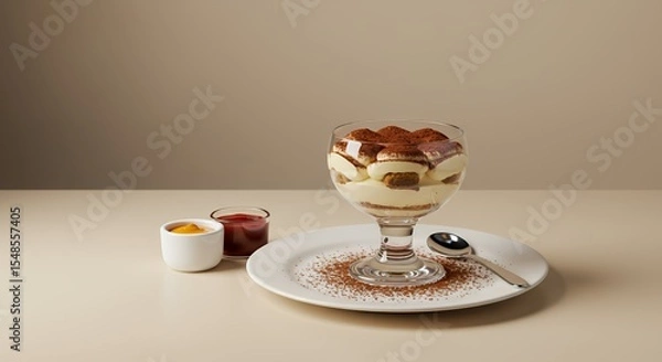 Fototapeta Indulge in the Exquisite Layers of this Classic Tiramisu, Served in a Stylish Glass with a Sprinkle of Cocoa Powder.