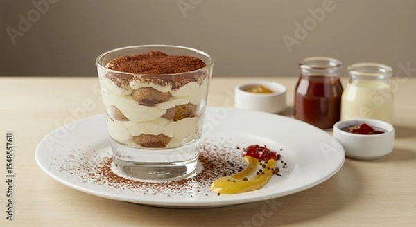 Fototapeta Indulge in the Decadent Delight of a Perfectly Crafted Tiramisu, Served with a Trio of Sauces and a Sprinkle of Cocoa.