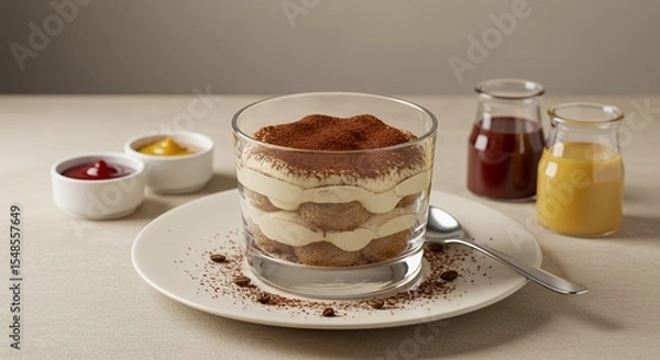 Fototapeta Indulge in Decadence: A Creamy Tiramisu Delight Served with a Side of Sweet and Savory Sauces