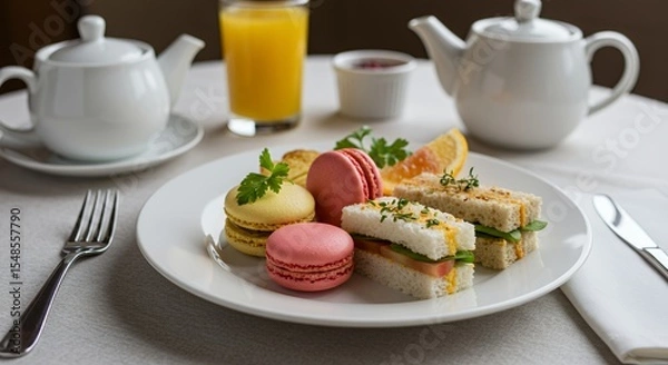 Fototapeta Delightful Afternoon Tea: A delectable spread of miniature sandwiches, colorful macarons, and refreshing orange juice awaits.