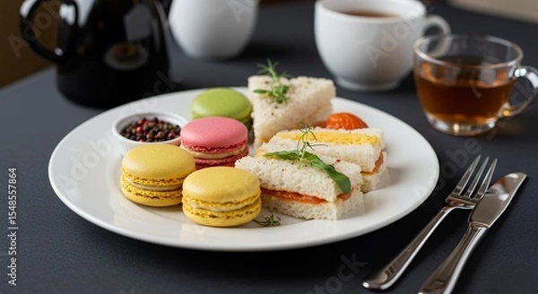 Fototapeta Delightful Afternoon Tea: A delectable spread of colorful macarons and delicate finger sandwiches awaits, perfectly complemented by steaming cups of tea.