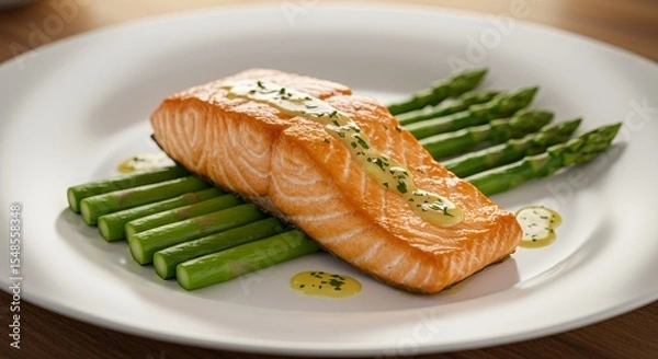 Fototapeta Indulge in the exquisite flavors of pan-seared salmon, delicately drizzled with a vibrant herb sauce, and perfectly complemented by tender asparagus spears.