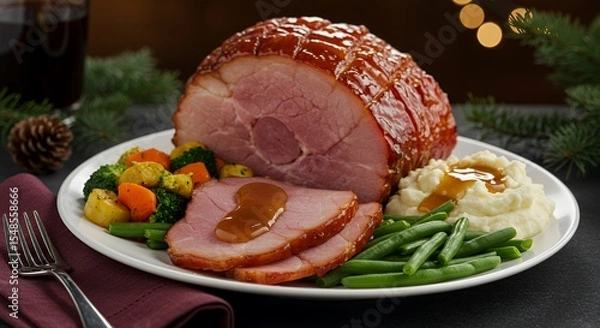 Fototapeta Glazed Ham with Roasted Vegetables and Creamy Mashed Potatoes: A Festive Holiday Feast