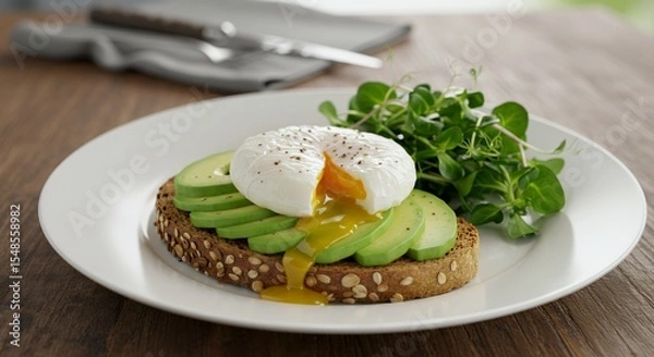Fototapeta Indulge in a delightful breakfast of perfectly poached eggs atop creamy avocado slices on multigrain toast, garnished with vibrant microgreens.