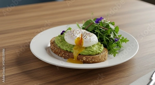 Fototapeta Indulge in a Gourmet Delight: Perfectly Poached Egg atop Creamy Avocado Toast with a Side of Vibrant Greens