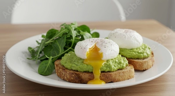 Fototapeta Indulge in a delightful breakfast of perfectly poached eggs atop creamy avocado toast, garnished with fresh arugula for a vibrant and healthy start to your day.