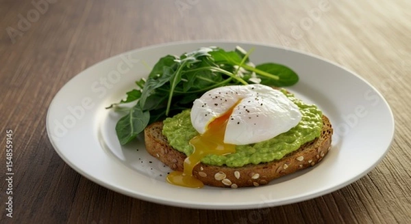 Fototapeta Indulge in this vibrant and healthy avocado toast topped with a perfectly poached egg, a culinary masterpiece for a delightful breakfast or brunch.
