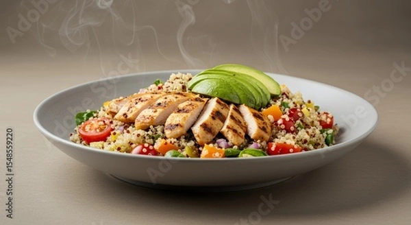 Fototapeta Warm Quinoa Chicken Salad with Avocado and Steaming Freshness, a Healthy and Vibrant Meal