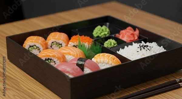Fototapeta Indulge in the exquisite artistry of this meticulously crafted sushi bento box, a feast for the eyes and a culinary adventure for the palate.