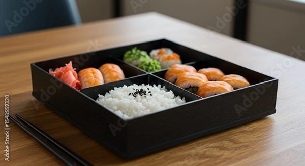 Fototapeta Indulge in a delectable Japanese bento box brimming with fresh sushi, vibrant pickled ginger, and fluffy white rice, a perfect culinary journey in a single box.