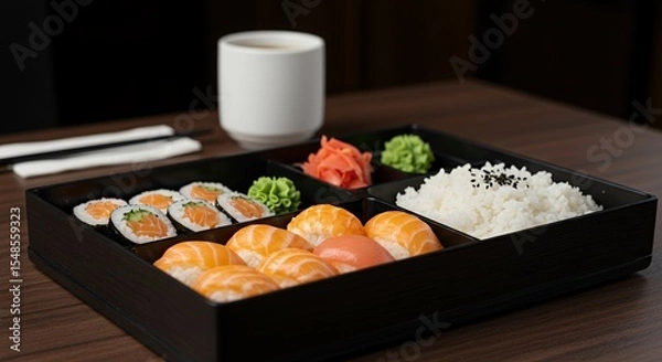 Fototapeta Indulge in this exquisite Japanese bento box, a delightful array of fresh sushi, rice, and vibrant garnishes, perfectly presented for a sophisticated culinary experience.