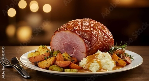 Fototapeta Indulge in the warmth of a perfectly roasted holiday ham, complemented by creamy mashed potatoes, roasted root vegetables, and a rich gravy, a festive feast for the senses.