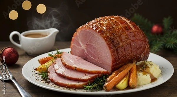 Fototapeta Indulge in the Festive Feast: A succulent glazed ham, perfectly sliced and served with creamy mashed potatoes, roasted carrots, and savory gravy, creating a heartwarming Christmas dinner scene.