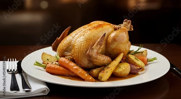 Fototapeta Indulge in the exquisite flavors of a perfectly roasted chicken, complemented by a medley of roasted root vegetables, creating a heartwarming and delectable culinary masterpiece.