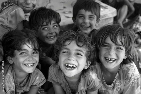 Obraz Group of happy children smiling at the camera. Black and white image.