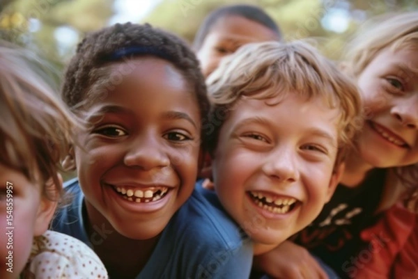 Obraz Group of children smiling and looking at the camera in the park.