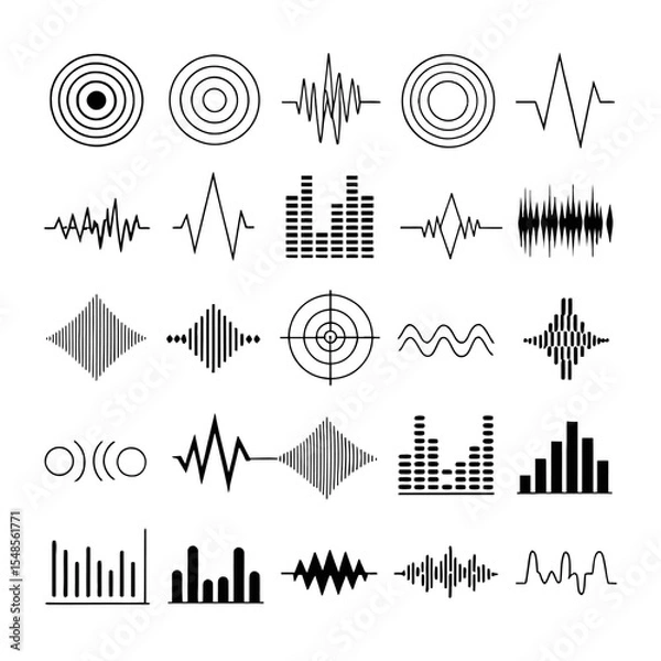 Fototapeta Sound Waves and Sonic Icons: A visually striking composition of diverse sound wave forms and sonic icons, offering a minimalist yet compelling exploration of audio. 