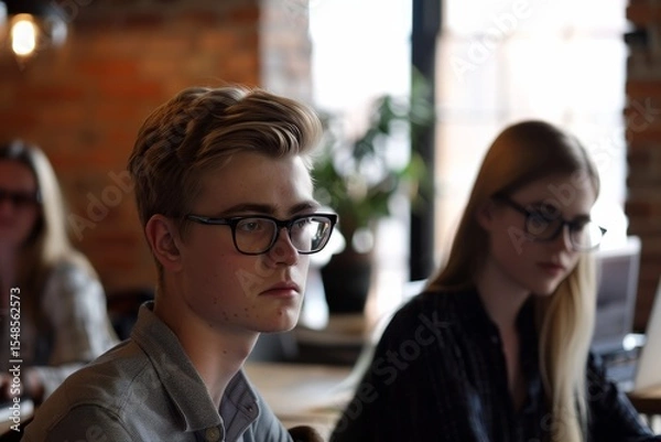 Obraz Portrait of young handsome man with glasses in hipster cafe.