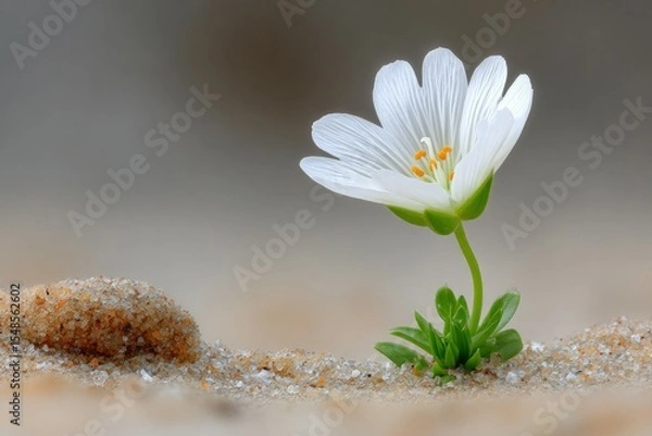 Fototapeta Delicate flower blooming on sandy ground nature macro photography soft background close-up view