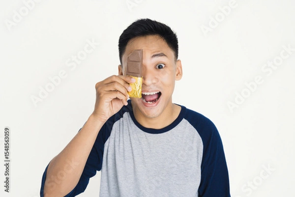 Fototapeta Young man holding golden-wrapped chocolate bar over his eye, expressing playful enthusiasm. Ideal image for themes of happiness, fun, sweets, and youthful enjoyment.