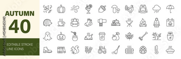 Fototapeta Autumn icon set. Containing season, fall, Halloween, Thanksgiving Day, pumpkin, turkey, falling leaves, mulled wine, maple leaf, rain and more. Editable line icons. Vector illustration.