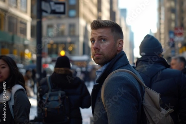 Obraz A young man in a coat and with a backpack walks through the streets of the city.