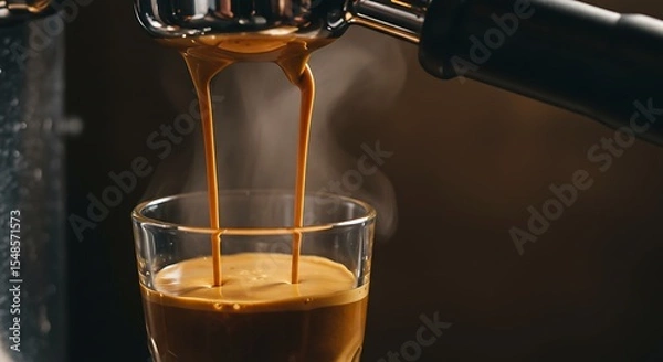 Obraz An extreme close-up, photorealistic shot of rich, creamy espresso pouring from a portafilter into a small glass cup. A dark, moody café background with rising steam.
