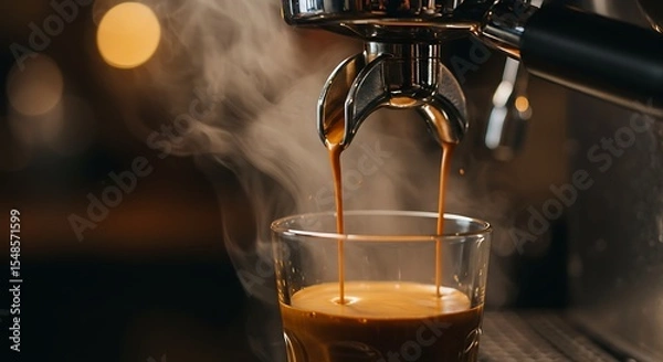 Obraz An extreme close-up, photorealistic shot of rich, creamy espresso pouring from a portafilter into a small glass cup. A dark, moody café background with rising steam.