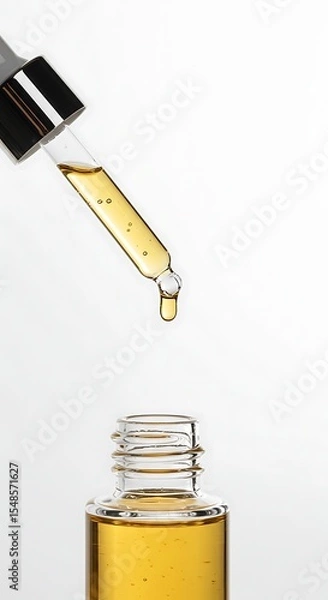 Obraz A minimalist studio shot of a glass cosmetic dropper with a single drop of clear, golden serum falling from the tip. Clean, bright, white background. Luxury skincare concept.