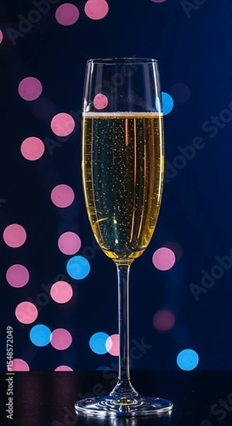 Obraz A single, elegant champagne flute filled with golden, bubbling champagne against a dark background with beautiful, soft bokeh lights. Celebration and luxury concept.